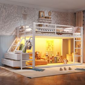 Twin over Twin bunk Bed with Storage Shelves and Drawers, Metal Bunk Bed with LED Lights for Teens, No Box Spring Need.White