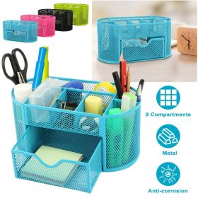 Metal Mesh Pencil Holders Desk Organizer w/9 Compartment Pen Holder Storage (Color: Sky Blue)